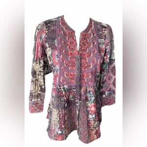 🆕 Coldwater Creek Vibrant Boho emboridery tunic pink brown 3/4 sleeve with lace